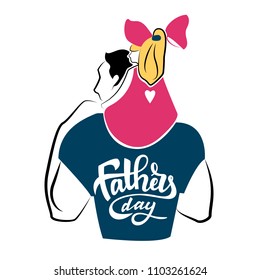 Happy Fathers Day. Hand lettering illustration. Father and daughter. Vector for a banner, flyer, poster, t-shirt, sticker. Dark blue and pink colors