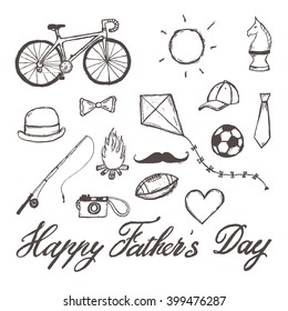 Happy Father's Day hand-drawn illustration isolated on white background with text. Set of hand drawn doodle drawings.