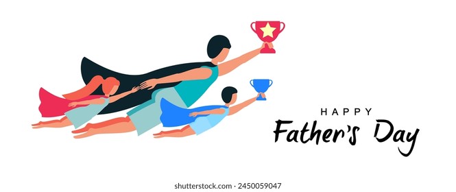 ¡Feliz Día del Padre!  Hermoso papá en disfraz de superhéroe de pie con sus hijos.  Vector linda ilustración de papá, texto, objetos masculinos, patrón para postal, tarjeta, póster o fondo