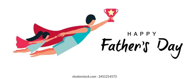 Happy Father's Day!  Handsome dad in superhero costume standing with his children.  Vector cute illustration of dad, text, male objects, pattern for postcard, card, poster or background