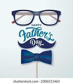 Feliz Día del Padre, concepto escrito a mano con gafas, bigote y corbata de arco. Afiche del Día del Padres con tipografía, corbata de arco 3D, bigote y gafas. Ilustración del vector