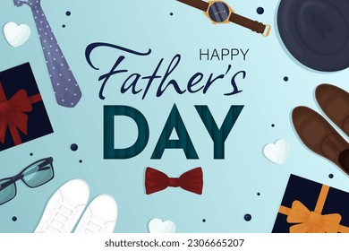 Happy Fathers Day with hat,necktie and gift box. Greeting card. Vector illustration EPS10.