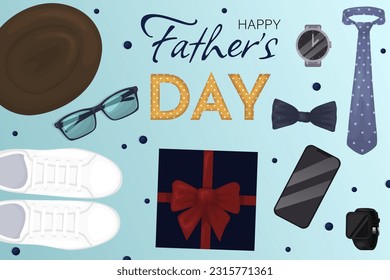 Happy Fathers Day with hat,necktie and gift box. Greeting card. Vector illustration EPS10.