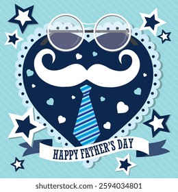 Happy Father's day with heart, mustache, glasses and tie