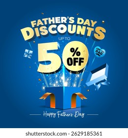 Happy father's day holiday background. Fathers Day Discount, sale, offer deals 50% off Pop Up from gift box design.