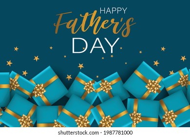 Happy Fathers Day. Holiday banner background with lettering and blue presents with golden bow. Vector illustration.