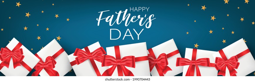 Happy Fathers Day. Holiday banner background with lettering and presents with red bow. Vector illustration.