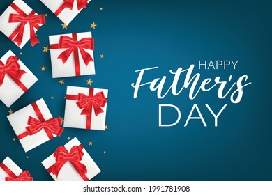 Happy Fathers Day. Holiday banner background with lettering and presents with red bow. Vector illustration.