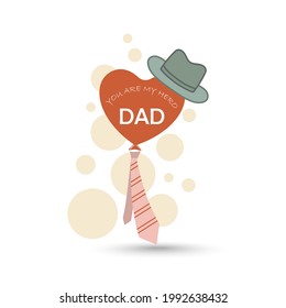 Happy Father's Day holiday card, poster or banner template with necktie, tie, heart shape balloon, man's hat on light background. Greetings and presents for Father's Day. Flat vector illustration