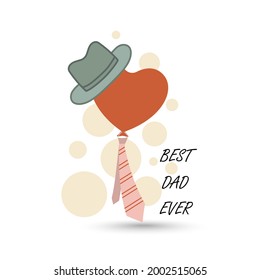Happy Father's Day holiday card, poster or banner template with necktie, tie, heart shape balloon, man's hat on light background. Greetings and presents for Father's Day. Flat vector illustration, 