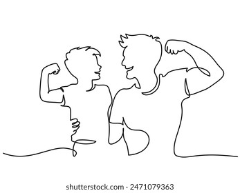 Happy Fathers Day holiday card. Strong dad and son show arms biceps muscles. Vector Illustration Continuous one line drawing