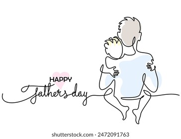 Happy Fathers Day holiday card. Dad and son hug everyone. Vector Illustration Continuous one line drawing