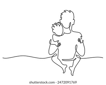 Happy Fathers Day holiday card. Dad and son hug everyone. Vector Illustration Continuous one line drawing