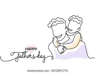 Happy Fathers Day holiday card. Son hug dad from back. Vector Illustration Continuous one line drawing