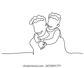 Happy Fathers Day holiday card. Son hug dad from back. Vector Illustration Continuous one line drawing