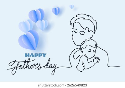 Happy Fathers Day holiday card. Dad hug baby. Vector Illustration Continuous one line drawing