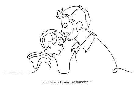 Happy Fathers Day holiday card. Dad kisses his son. Vector Illustration Continuous one line drawing