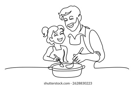 Happy Fathers Day holiday card. Dad and daughter cook together. Vector Illustration Continuous one line drawing