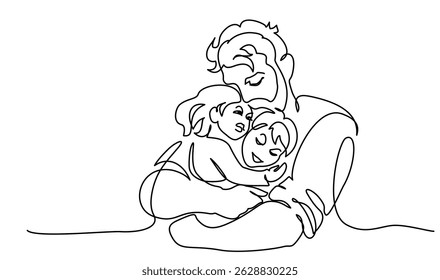 Happy Fathers Day holiday card. Dad hug his kids with big love. Vector Illustration Continuous one line drawing