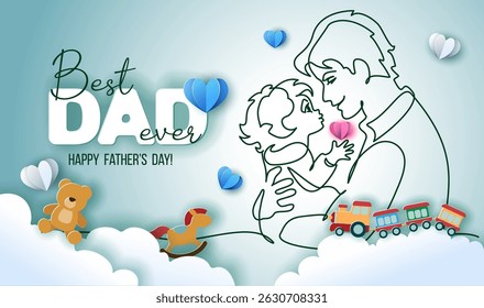 Happy Fathers Day holiday card. Dad hug cute baby. Vector Illustration Continuous one line drawing