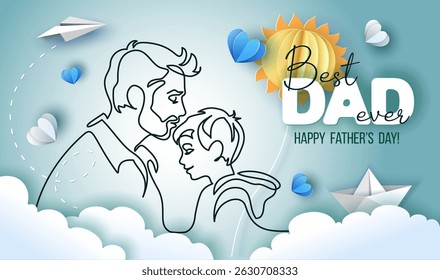 Happy Fathers Day holiday card. Dad kisses his son. Vector Illustration Continuous one line drawing