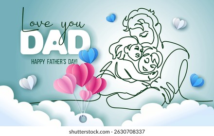 Happy Fathers Day holiday card. Dad hug his kids with big love. Vector Illustration Continuous one line drawing
