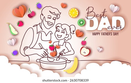 Happy Fathers Day holiday card. Dad and daughter cook together. Vector Illustration Continuous one line drawing