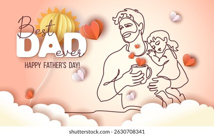 Happy Fathers Day holiday card. Dad drinks morning coffee and holds his sleeping daughter in his arms. Vector Illustration Continuous one line drawing