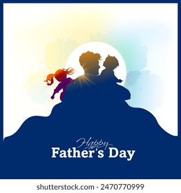 Happy Father's day holiday. Father loves and hugs her little daughter and son. Poster banner and social media creative post design.