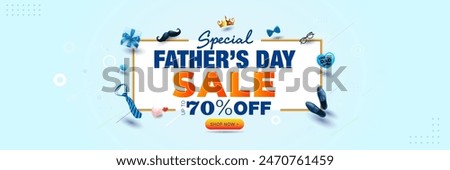 Happy Father's Day holiday. Fathers day Sale banner shopping gift 70% off offer deal discount background.