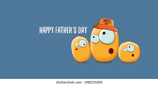 happy fathers day horizontal banner with cartoon father potato and son potato. cartoon funny comic fathers day vector label or icon isolated on blue background