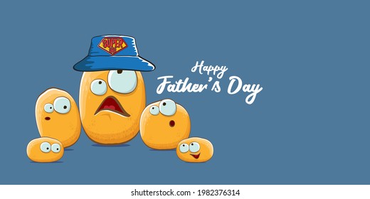 happy fathers day horizontal banner with cartoon father potato and son potato. cartoon funny comic fathers day vector label or icon isolated on blue background