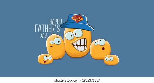 happy fathers day horizontal banner with cartoon father potato and son potato. cartoon funny comic fathers day vector label or icon isolated on blue background
