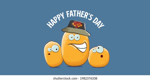 happy fathers day horizontal banner with cartoon father potato and son potato. cartoon funny comic fathers day vector label or icon isolated on blue background