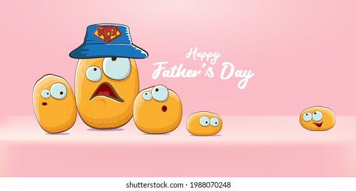happy fathers day horizontal banner with cartoon father potato and son potato. cartoon funny comic fathers day vector label or icon isolated on soft pastel pink background
