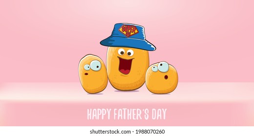happy fathers day horizontal banner with cartoon father potato and son potato. cartoon funny comic fathers day vector label or icon isolated on soft pastel pink background