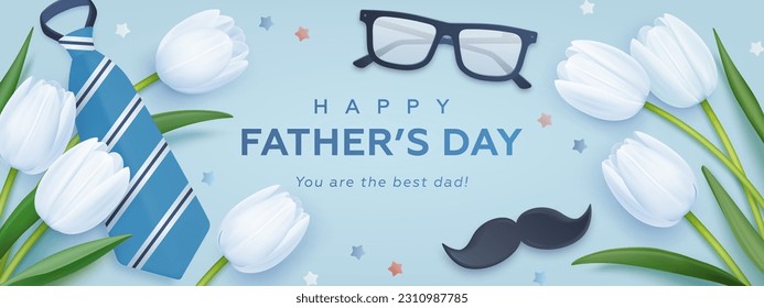 Happy father's day horizontal banner or greeting card template with realistic glasses, moustache, tie and tulips. Vector illustration