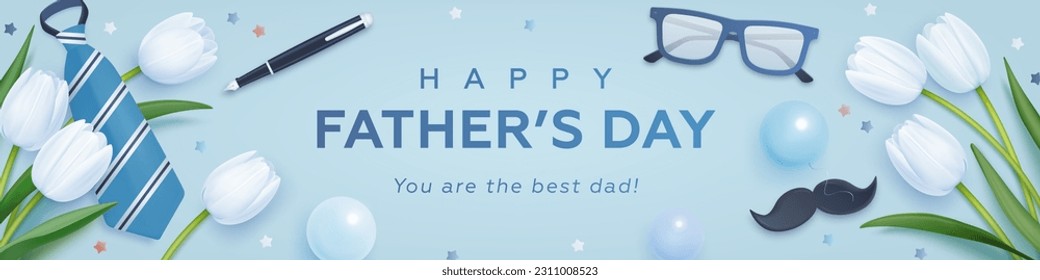 Happy father's day horizontal banner or greeting card template with realistic glasses, moustache, tie, tulips and balloons. Vector illustration