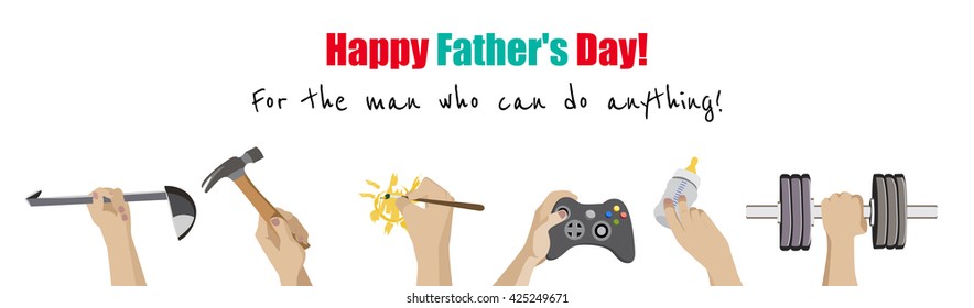 Happy fathers day horizontal banner. My dad can do anything. Poster, banner or greeting card for dad holiday. Flat vector design.