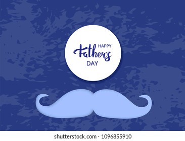 Happy Father's Day horizontal dark card with textured background. Handwritten lettering with papercut mustache. Fathers day banner. Vector Illustration.