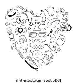 Icono de Feliz Día del Padre conjunto en el estilo de dibujo del doodle. Marco cardíaco con bigote, taza, corbata, cerveza, anteojos y otros objetos masculinos. Ilustración vectorial dibujada a mano aislada en fondo blanco