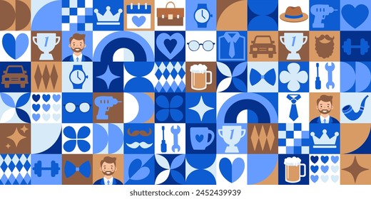 Happy Father's Day icons elements with geometric pattern. Bauhaus style. Vector flat design for poster, card, wallpaper, poster, banner, packaging.