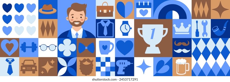 Happy Father's Day icons elements with geometric pattern. Bauhaus style. Vector flat design for poster, card, wallpaper, poster, banner, packaging.