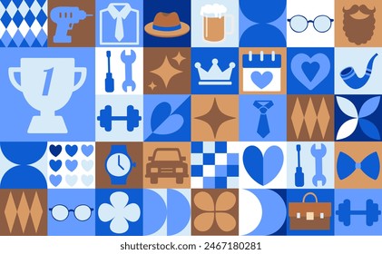 Happy Father's Day icons elements with geometric pattern. Bauhaus style. Vector flat design for poster, card, wallpaper, poster, banner, packaging