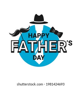 Happy Father's Day illustration concept with necktie, mustache, black hat and bow-tie. Stylish greeting card or design element. Vector