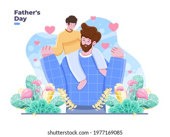 Happy Father's Day illustration with dad carry son on the shoulder and loving her. Greeting and celebrate Father day. Children Loving Dad. Suitable for greeting card, invitation, banner, postcard.