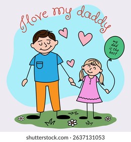 Happy Father's Day illustration with dad, daughter and balloon. Bright square hand drawn greeting card. Vector image.