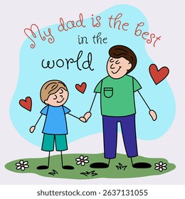 Happy Father's Day illustration with dad and son on green meadow. Bright square hand drawn postcard. Vector image.