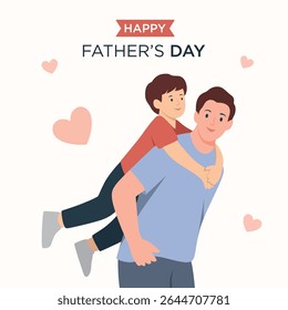 Feliz Dia dos Pais Ilustração Pai Piggybacking Filho Pastel Cores Estilo de Desenho Animado Amor em Família
