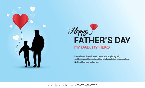 Happy Father's Day illustration featuring father and son holding hands with heart-shaped balloon. Blue background, love and family theme, perfect for celebration and greeting designs.